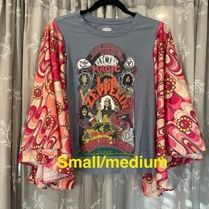 Led Zeppelin Graphic Long Bell Sleeve Top with Pink Floral Sleeves Boho